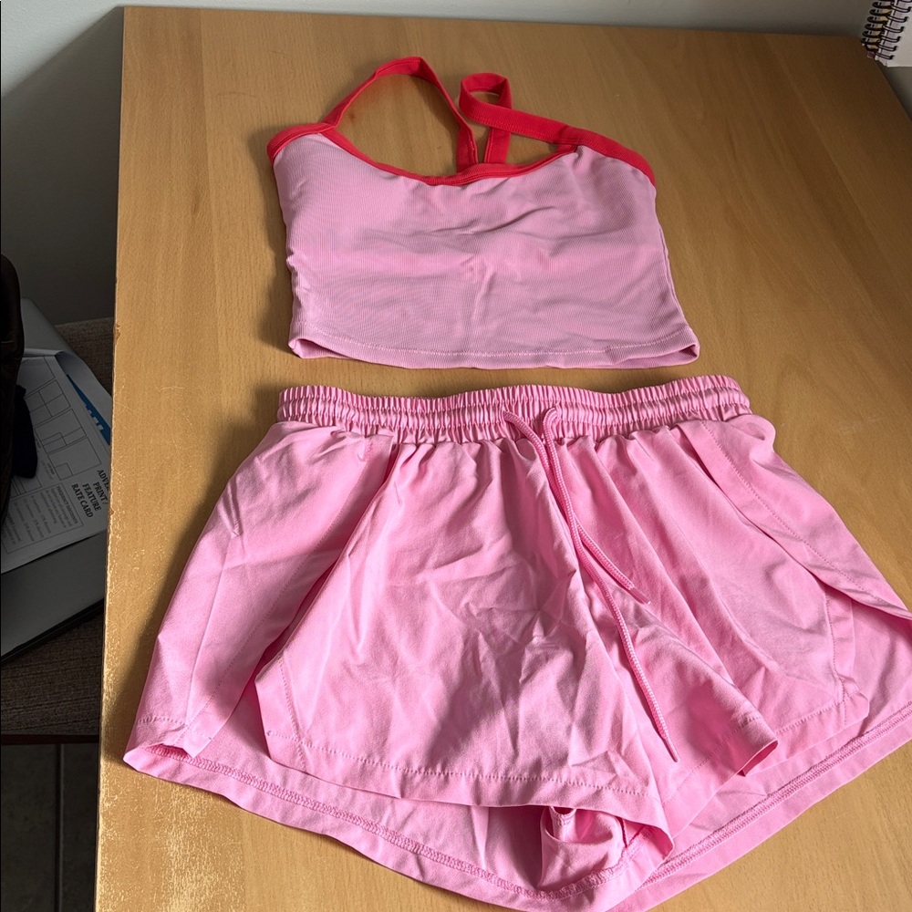 Willow Pink One-Piece Swimsuit with Red Trim and Matching Pink Swim Shorts
